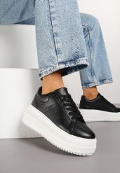Czarne Sneakersy na Platformie Ozdobione Perforacją Eleainna. Czarne obuwie sportowe damskie Renee, bez wzorów, z jeansu. Za 99.99 zł.