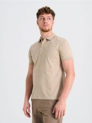 Koszulka polo z nadrukiem all over - beżowy. Brązowe koszulki polo męskie Sinsay, l, bez wzorów, bez ramiączek. W wyprzedaży za 22.99 zł.