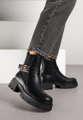 Czarne Botki Sztyblety z Ozdobnym Paskiem z Klamerką Rirovia. Czarne botki damskie Born2be, z jeansu, klasyczne, bez obcasa, na płaskiej podeszwie, bez zapięcia. Za 189.99 zł.