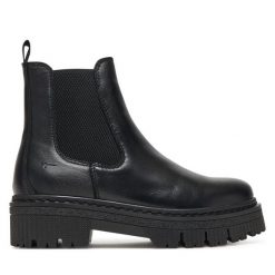 Sztyblety Tamaris. Czarne botki damskie Tamaris, bez obcasa, na płaskiej podeszwie, bez zapięcia. Za 359.99 zł.