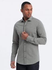 Bawełniana męska koszula REGULAR z dzianiny single jersey - jasny khaki V4. Brązowe koszule męskie Ombre Clothing, m, bez wzorów, z bawełny, bez kołnierzyka, bez ramiączek. W wyprzedaży za 79.99 zł.