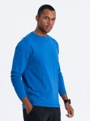 Męski longsleeve BASIC z okrągłym dekoltem - niebieski V9 OM-LSBL-0106 - XXL. Niebieskie bluzki z długim rękawem męskie Ombre Clothing, l, bez wzorów, z bawełny, klasyczne, bez kołnierzyka. W wyprzedaży za 79.99 zł.