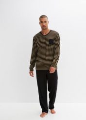 Piżama z czystej bawełny z długim rękawem. Czarne piżamy męskie bonprix, m, bez wzorów, z bawełny, bez ramiączek, długie. Za 99.99 zł.