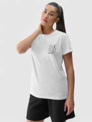 4F T-shirt slim z nadrukiem damski - biały XS. Białe koszulki sportowe damskie 4f, xs, bez wzorów, z bawełny, klasyczne, bez kołnierzyka. W wyprzedaży za 29.99 zł.
