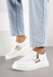 Białe Skórzane Sneakersy Zdobione Metaliczną Wstawką Cerelie. Białe obuwie sportowe damskie Born2be, z aplikacjami, z jeansu. Za 179.99 zł.