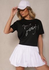 Czarny T-shirt Zdobiony Napisem z Brokatem Tezilea. Czarne bluzki damskie Renee, l, z aplikacjami, z jeansu, bez kołnierzyka. Za 29.99 zł.