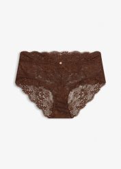 Figi z wysokim stanem ze szlachetnej koronki. Brązowe figi damskie bonprix, bez wzorów, z koronki. Za 59.99 zł.