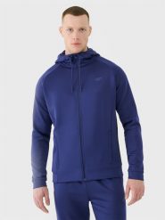 4F Bluza treningowa szybkoschnąca męska - granatowa M. Niebieskie bluzy męskie 4f, m, bez wzorów, z dzianiny, z kapturem, do biegania. Za 199.99 zł.