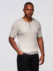Męski t-shirt dzianinowy z guzikami przy dekolcie – jasnoszary V3 - Rozmiar: XXL. Szare t-shirty męskie Ombre Clothing, m, bez wzorów, z dzianiny, casualowe, bez kołnierzyka. Za 159.99 zł.
