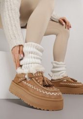 Brązowe Śniegowce na Platformie Ozdobione Haftem i Frędzlami Linomis. Brązowe śniegowce i trapery damskie Renee, z jeansu. Za 119.99 zł.