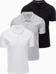 Komplet bawełnianych męskich t-shirtów polo BASIC czarny/szary melanż/biały V2 OM-POBS-0133 XXL. Białe koszulki polo męskie Ombre, m, bez wzorów, z bawełny, bez ramiączek. Za 376.71 zł.