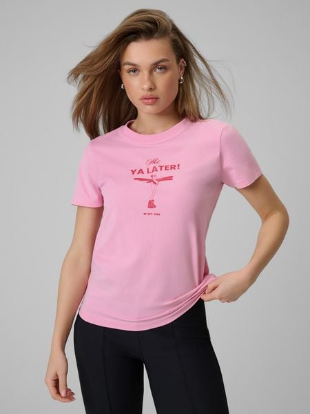 4F T-shirt regular z nadrukiem damski - różowy M. Czerwone t-shirty damskie 4f, m, bez wzorów, z bawełny, bez kołnierzyka. Za 49.99 zł.