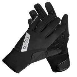 Rękawiczki jeździeckie Softshell. Czarne rękawiczki dziecięce EQUUS BRAND, bez wzorów, z neoprenu. W wyprzedaży za 59.99 zł.