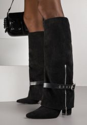 Czarne Kozaki na Obcasie Typu Kowbojki z Wywiniętą Cholewką i Paskiem z Klamrą Uninela. Czarne kozaki damskie Born2be, z jeansu, bez obcasa, na obcasie. Za 179.99 zł.