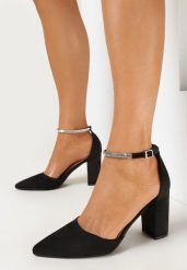 Czarne Czółenka na Słupkowym Obcasie z Cienkim Paskiem z Cyrkoniami Ladema. Czarne czółenka damskie Born2be, bez wzorów, wizytowe, bez obcasa, bez zapięcia. Za 99.99 zł.