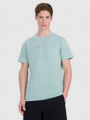 4F T-shirt regular z nadrukiem męski - turkusowy M. Niebieskie koszulki sportowe męskie 4f, m, bez wzorów, z bawełny, klasyczne, bez kołnierzyka. Za 59.99 zł.