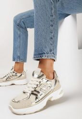 Złote Sneakersy z Ozdobnymi Przeszyciami Varteli. Żółte obuwie sportowe damskie Born2be, bez wzorów, z jeansu. Za 64.99 zł.