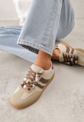 Ciemnobeżowe Sneakersy Typu Tenisówki Ozdobione Koralikami Daemeli. Brązowe trampki i tenisówki damskie Renee, bez wzorów, z jeansu, klasyczne, bez zapięcia. Za 109.99 zł.