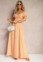 Pomarańczowa Sukienka z Wiskozy z Gumką w Talii i Kopertowym Dekoltem Rhoneri. Brązowe sukienki damskie Renee, na imprezę, m, bez wzorów, z wiskozy, eleganckie, bez kołnierzyka, bez ramiączek, maxi, kopertowe. Za 49.99 zł.