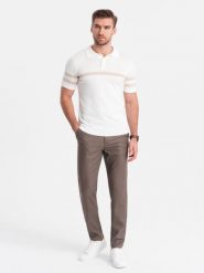 Spodnie męskie klasyczne chino SLIM FIT - ciemnobeżowe V2 OM-PACP-0182 - S. Brązowe spodnie materiałowe męskie Ombre Clothing, m, bez wzorów, z poliesteru, klasyczne. Za 143.99 zł.