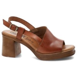 Sandały damskie Hee, cholewka skóra naturalna otwarty przód regulowany pasek zapięcie na sprzączkę odkryta pięta stabilny obcas, brązowe, 26544. Brązowe paski damskie Hee, bez wzorów, ze skóry. Za 379.00 zł.