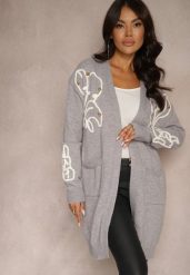 Szary Kardigan Nierozpinany z Kieszeniami i Cekinami Firizelle. Szare kardigany damskie Renee, bez wzorów, z jeansu, eleganckie, bez kołnierzyka, bez ramiączek, bez kaptura. Za 149.99 zł.