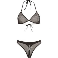 Biustonosz z trójkątnymi miseczkami + stringi "ouvert" (2 części) bonprix czarny. Stringi damskie bonprix, z aplikacjami. Za 27.99 zł.