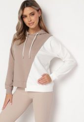 Beżowa Bluza z Bawełny z Asymetrycznym Wzorem i Kapturem Revea. Brązowe bluzy damskie Born2be, bez wzorów, z bawełny, z kapturem. Za 89.99 zł.