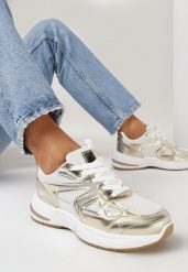 Złote Sznurowane Sneakersy na Grubej Podeszwie ze Wstawkami z Ekoskóry Vitalirs. Żółte obuwie sportowe damskie Born2be, bez wzorów. Za 119.99 zł.