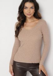 Ciemnobeżowy Sweter Prążkowany z Trójkątnym Dekoltem Vorila. Brązowe swetry damskie Born2be, s, bez wzorów, prążkowane, eleganckie, bez kołnierzyka, bez ramiączek, bez kaptura. Za 39.99 zł.