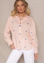 Różowa Bawełniana Koszula w Serca Elearose. Czerwone bluzki damskie Renee, l, bez wzorów, z bawełny, eleganckie, bez kołnierzyka, bez ramiączek. Za 49.99 zł.