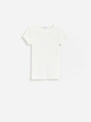 T-shirt z wiskozą - biały. Białe t-shirty damskie Reserved, l, bez wzorów, z dzianiny, bez kołnierzyka. Za 49.99 zł.