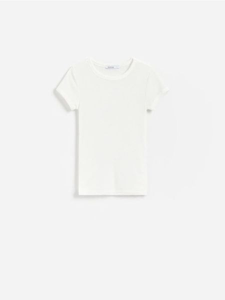 T-shirt z wiskozą - biały. Białe t-shirty damskie Reserved, l, bez wzorów, z dzianiny, bez kołnierzyka. Za 49.99 zł.