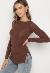 Brązowa Bluzka z Wiskozą i Marszczeniem Furitta. Brązowe bluzki damskie Born2be, m, bez wzorów, z jeansu, klasyczne, bez kołnierzyka, bez ramiączek. Za 69.99 zł.