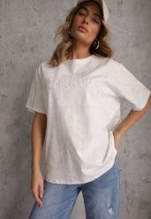 Biały Oversizowy T-shirt z Bawełny Zdobiony Haftem z Cekinami Marivia. Białe t-shirty damskie Renee, l, z aplikacjami, z bawełny, eleganckie, bez kołnierzyka. Za 69.99 zł.