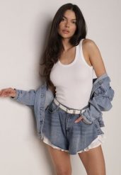 Niebieskie Bawełniane Szorty Jeansowe z Falbanami Demite. Niebieskie szorty damskie Born2be, m, bez wzorów, z bawełny, eleganckie. Za 119.99 zł.