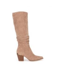 DeeZee Kozaki WS22367-02 Beżowy. Brązowe kozaki damskie DeeZee, z materiału, bez obcasa, na słupku. Za 199.99 zł.