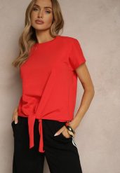 Czerwony Bawełniany T-shirt Wiązany u Dołu Sunalina. Czerwone bluzki damskie Renee, l, bez wzorów, z bawełny, bez kołnierzyka. Za 29.99 zł.
