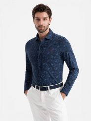 Męska koszula bawełniana z motywem roślinnym – granatowa V1 - Rozmiar: M. Niebieskie koszule męskie Ombre Clothing, l, bez wzorów, z bawełny, eleganckie, bez kołnierzyka, bez ramiączek. W wyprzedaży za 109.99 zł.