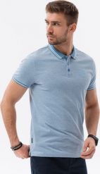 Ombre Melanżowa koszulka męska polo z kontrastowym kołnierzykiem - błękitna V3 S1618 S. Niebieskie koszulki polo męskie Ombre, m, bez wzorów, bez ramiączek. Za 49.99 zł.