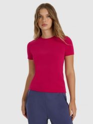 4F T-shirt z prążkowanej dzianiny z modalem damski - różowy XS. Czerwone koszulki sportowe damskie 4f, xs, bez wzorów, z dzianiny, bez kołnierzyka, bez ramiączek. W wyprzedaży za 69.99 zł.