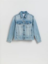 Jeansowa kurtka z przetarciami - niebieski. Niebieskie kurtki męskie Reserved, l, bez wzorów, z denimu, bez kaptura. Za 169.99 zł.