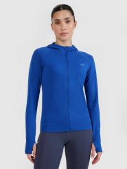 4F Bluza do biegania w terenie rozpinana z kapturem damska - niebieska XS/S. Niebieskie bluzy damskie 4f, s, bez wzorów, z dzianiny, z kapturem. W wyprzedaży za 139.99 zł.