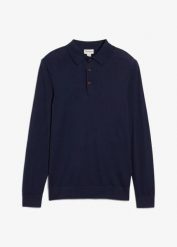 Cienki sweter z kołnierzykiem polo z domieszką wysokogatunkowej wełny merino, slim fit. Niebieskie swetry przez głowę męskie bonprix, m, bez wzorów, z wełny, bez kołnierzyka. Za 124.99 zł.