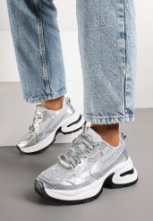 Srebrne Sneakersy Streetwearowe na Grubej Podeszwie Zdobione Brokatem Felanwea. Szare obuwie sportowe damskie Born2be, z aplikacjami, z jeansu. Za 109.99 zł.
