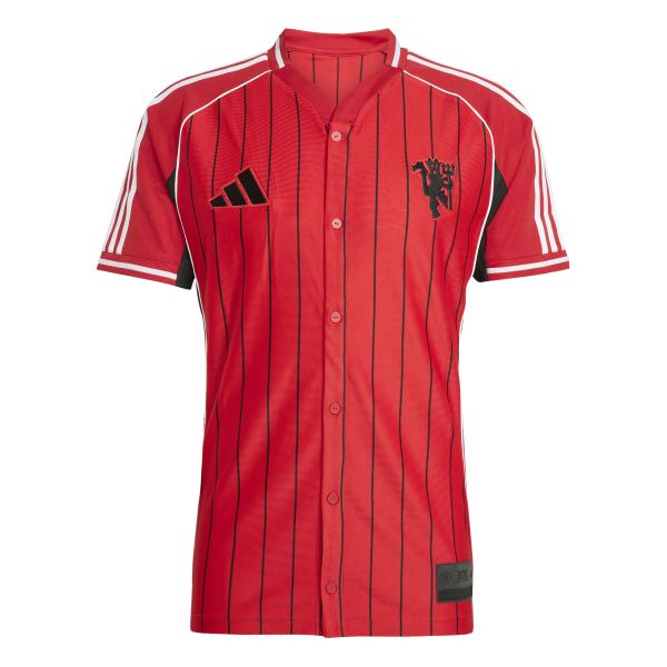 Koszulka kibica baseballowego US Manchester United 2025/26. Czerwone koszulki sportowe męskie Adidas, bez wzorów, z jersey, bez kołnierzyka, bez ramiączek, do piłki nożnej. Za 351.56 zł.
