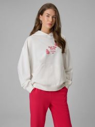 4F Bluza dresowa loose z kapturem damska - biała XS. Białe swetry damskie 4f, xs, bez wzorów, z bawełny, bez kołnierzyka, bez ramiączek, z kapturem. Za 189.99 zł.
