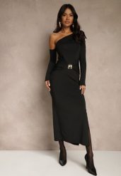 Czarna Sukienka z Wiskozą Aplikacją Marszczeniem i Wywiniętym Dekoltem Reilenna. Czarne sukienki damskie Renee, m, z aplikacjami, z wiskozy, wizytowe, bez kołnierzyka, bez ramiączek. Za 109.99 zł.