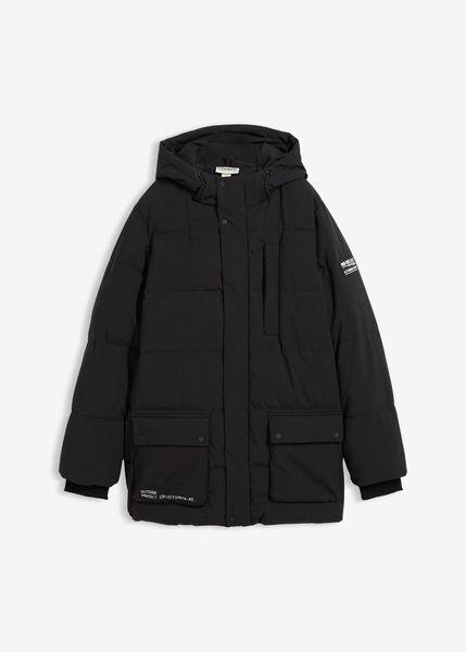 Pikowana parka ze sportowymi detalami i kapturem. Czarne kurtki i płaszcze dla chłopców bonprix, na zimę, bez wzorów, sportowe. Za 249.99 zł.