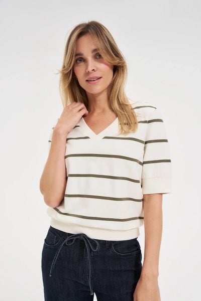 Bluza w paski z krótkimi rękawami ecru. Bluzy damskie MOODO, m, bez wzorów, z bawełny, bez kaptura. W wyprzedaży za 30.99 zł.